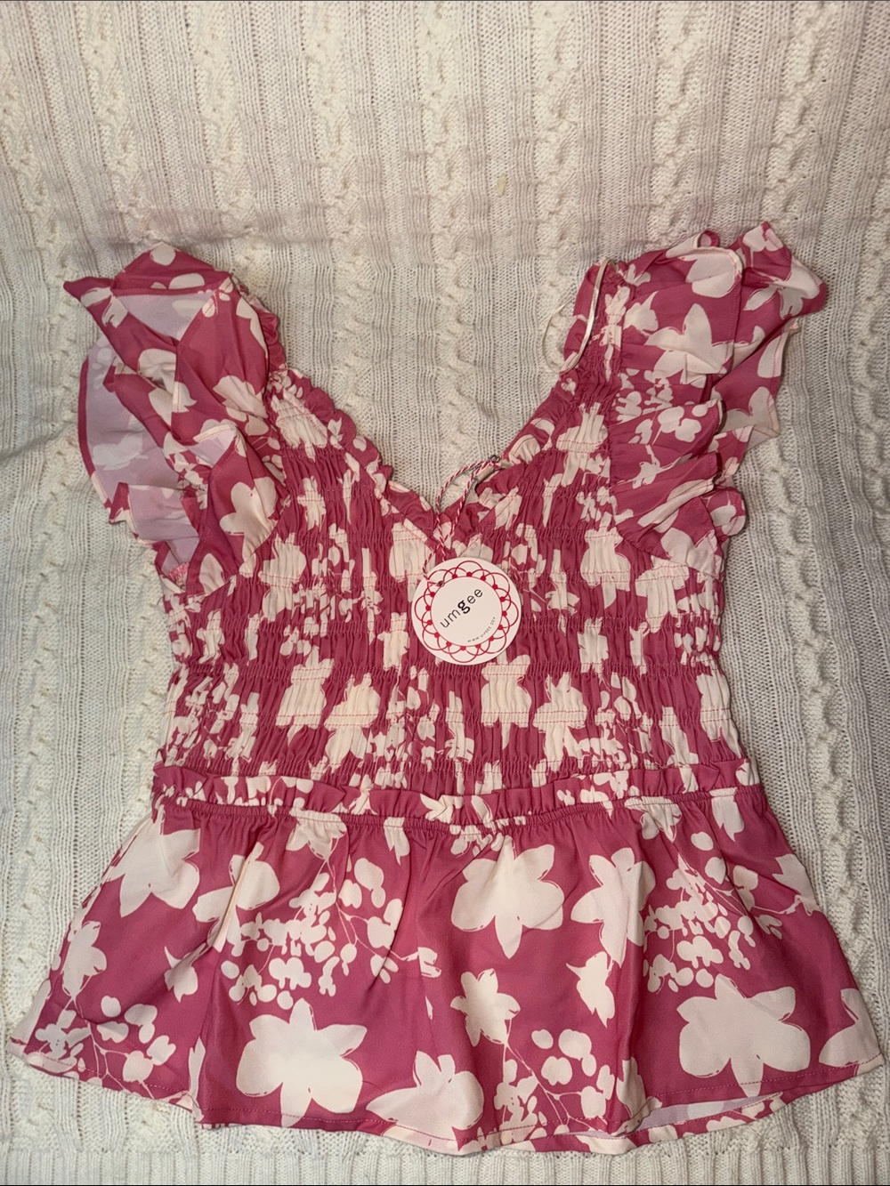 Umgee Pink & White Floral Smocked Peplum Ruffle Top